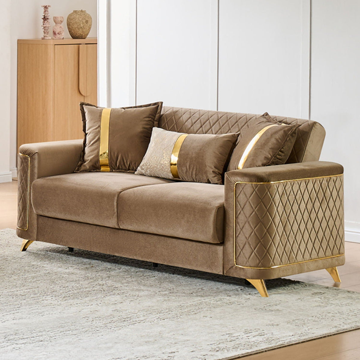 Upholstered sofa beige/brown with gold-tone legs and quilted panels, HouseOfZazla on Tampa Home & Garden Store