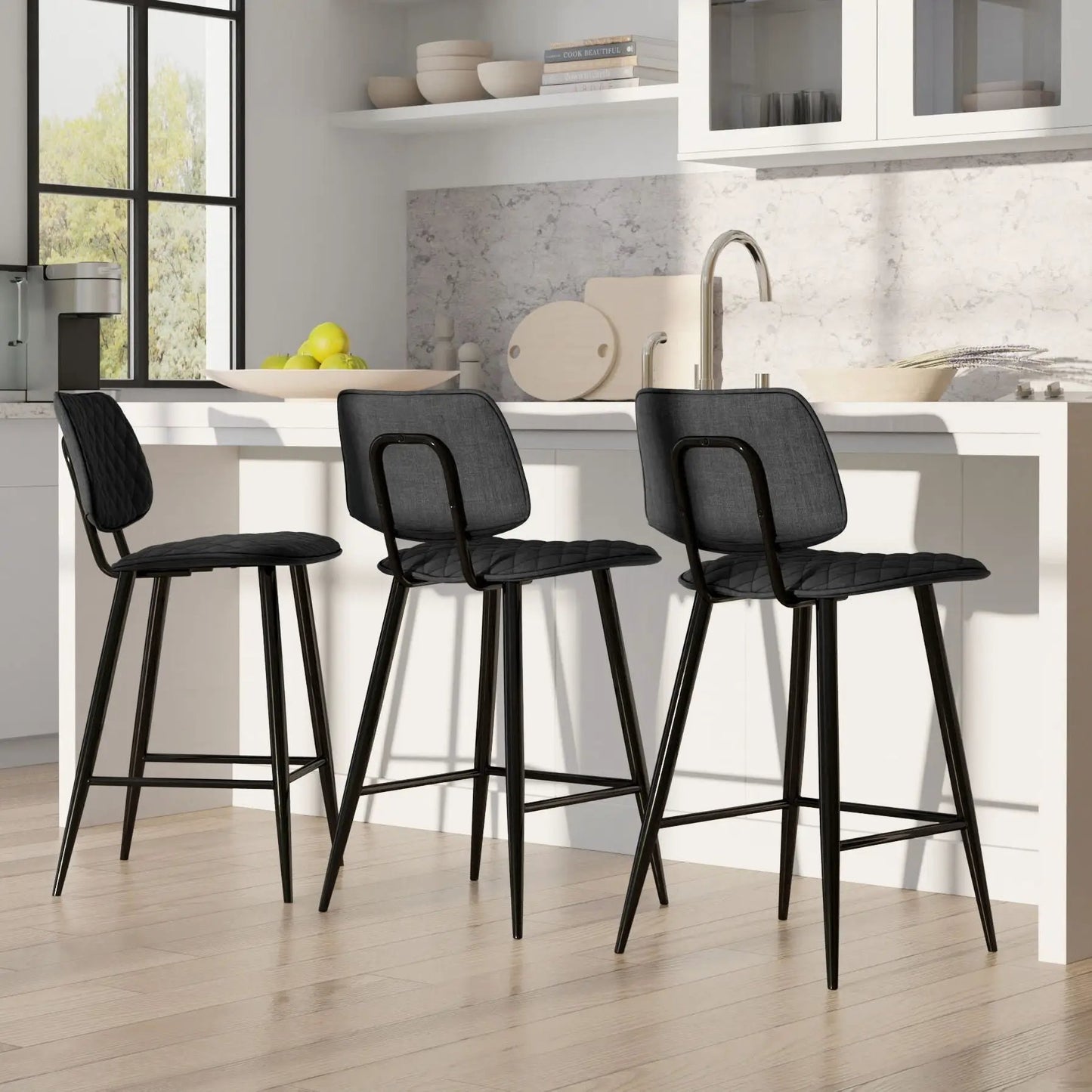 Raya Upholstered Counter Height Stool set of 2, black metal frame, quilted dark gray upholstery on Tampa Home & Garden Store
