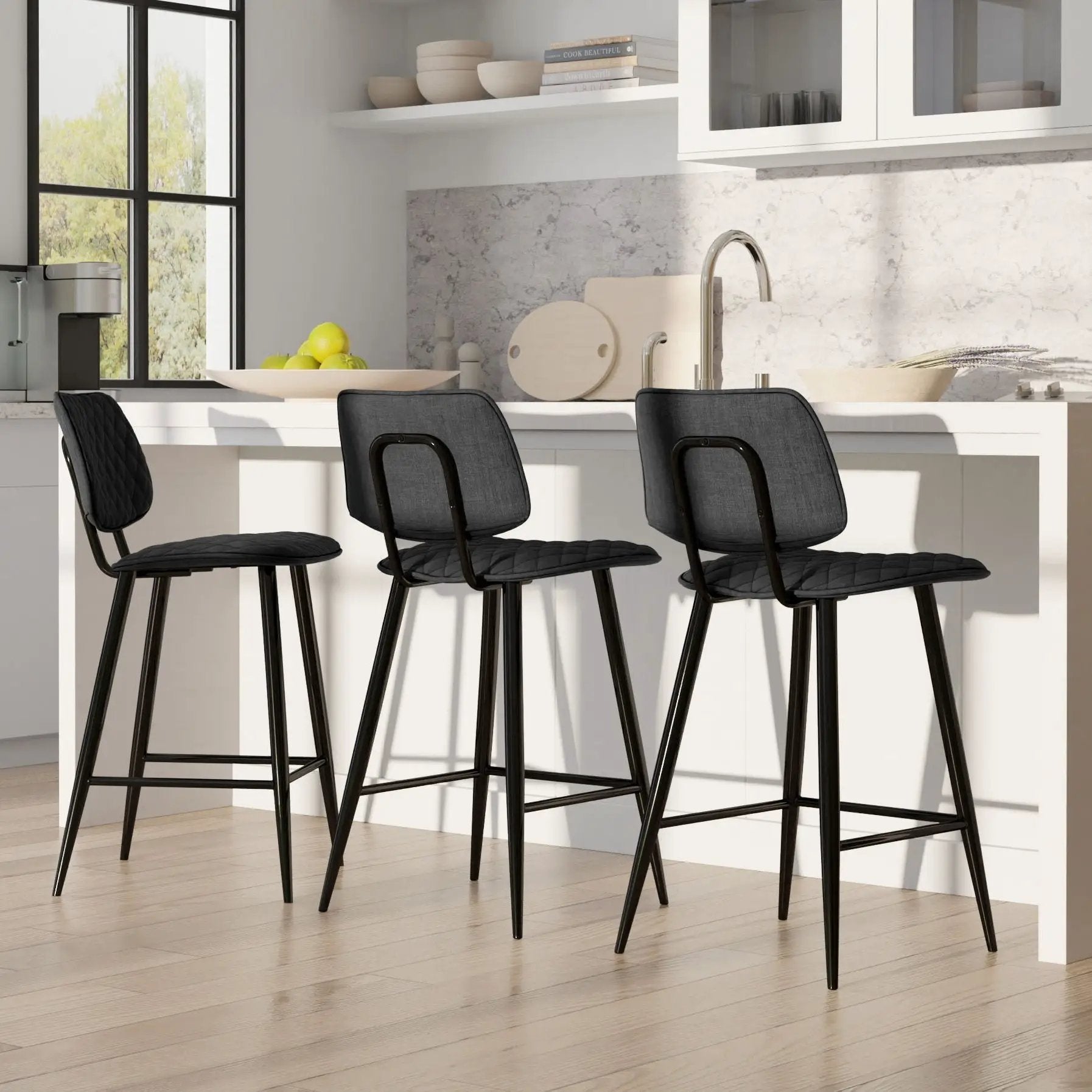 Raya Upholstered Counter Height Stool set of 2, black metal frame, quilted dark gray upholstery on Tampa Home & Garden Store