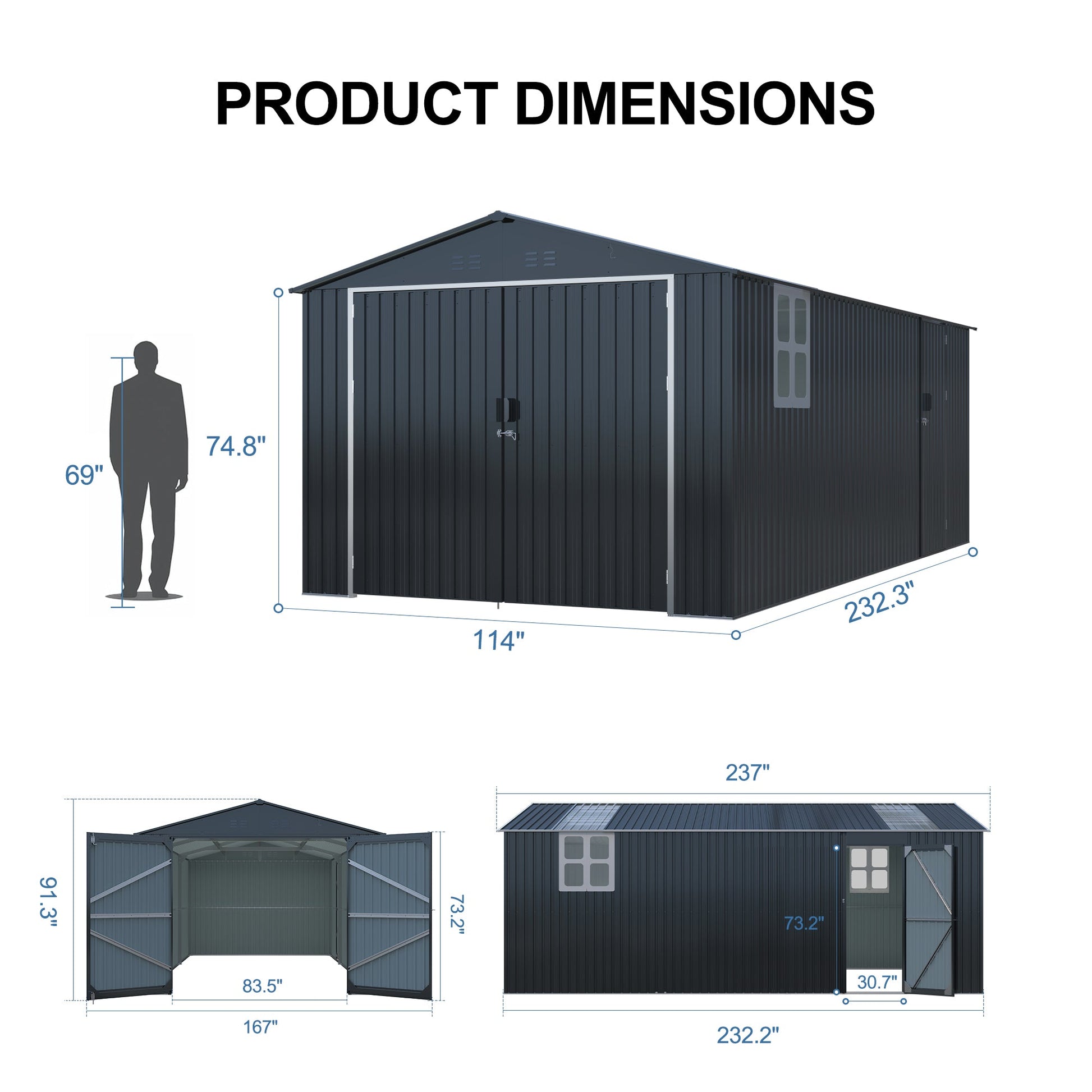 Outdoor storage shed 20x10 ft by HouseOfZazla, dark navy steel with window, double doors on Tampa Home & Garden Store