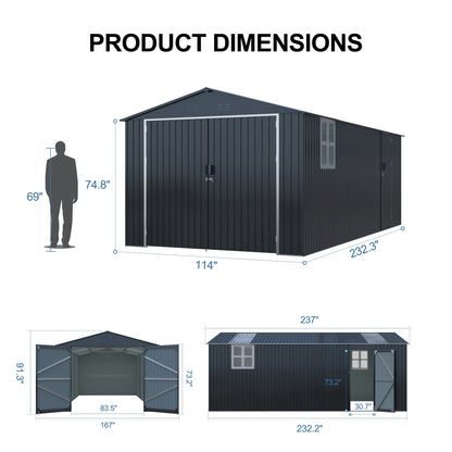 Outdoor storage shed 20x10 ft by HouseOfZazla, dark navy steel with window, double doors on Tampa Home & Garden Store