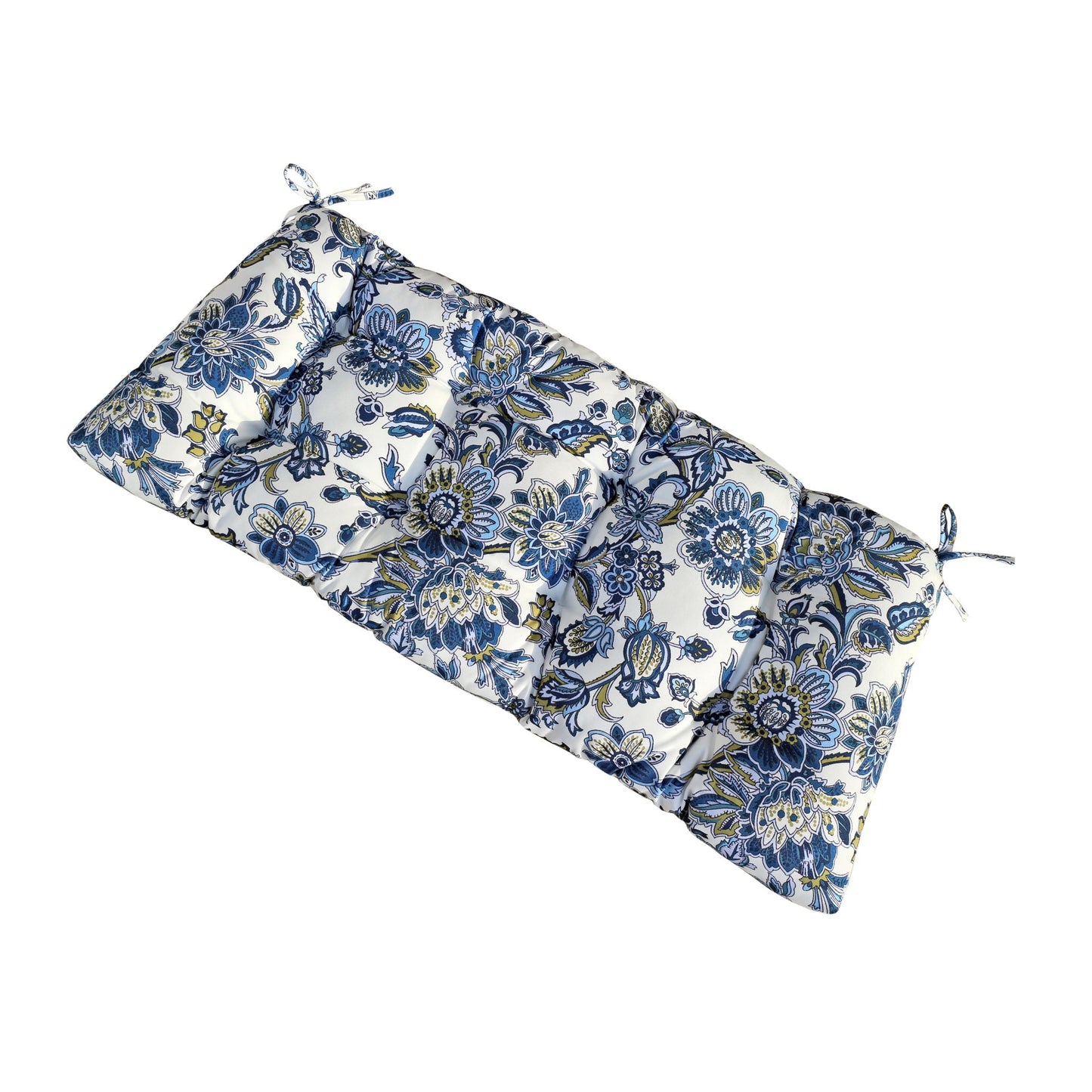 Blue Outdoor Bench Cushions With Ties and Fabric