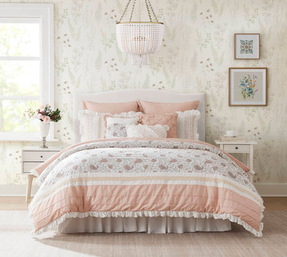 9 Piece Cotton Percale Comforter Set Blush; quilted blush comforter with ruffle trim on Tampa Home & Garden Store