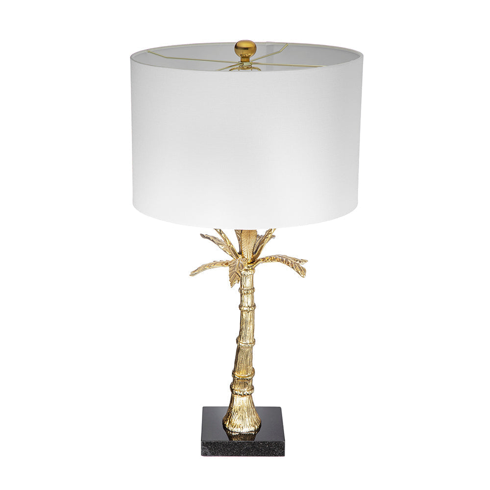 D16x31 palm-leaf table lamp in gold with white drum shade and marble base on Tampa Home & Garden Store