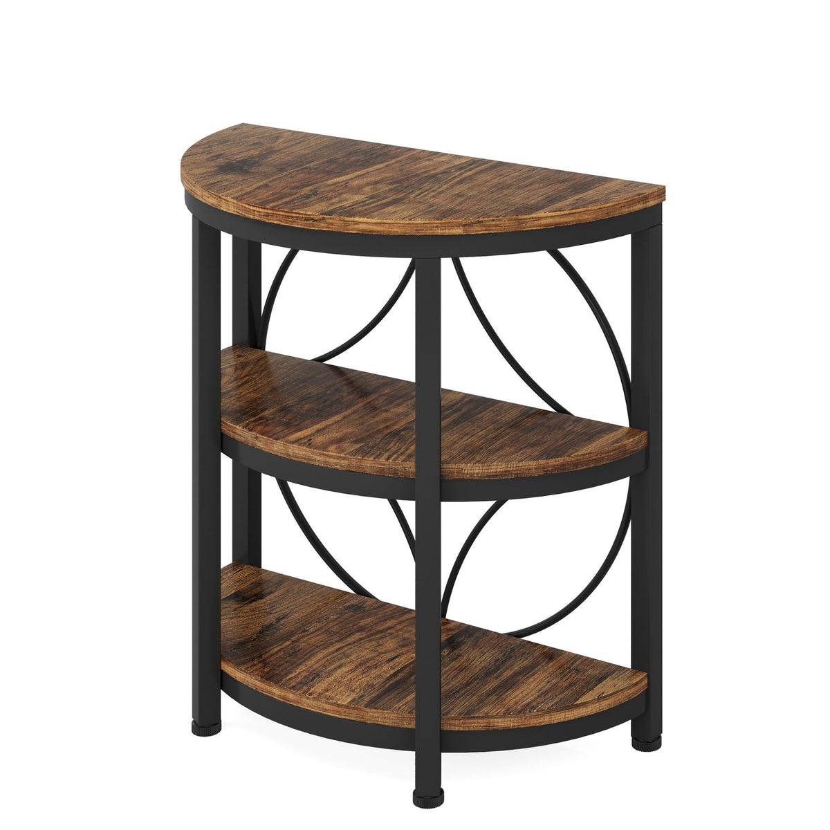 3 Tier Half Moon End Table with space-saving design, deep rustic brown wood top, black metal frame on Tampa Home & Garden Store