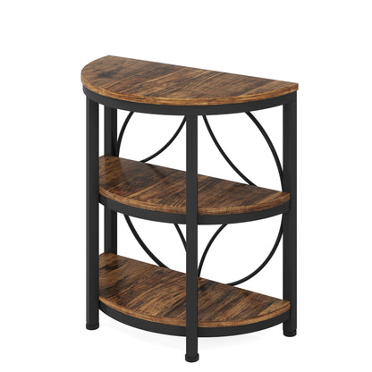 3 Tier Half Moon End Table with space-saving design, deep rustic brown wood top, black metal frame on Tampa Home & Garden Store