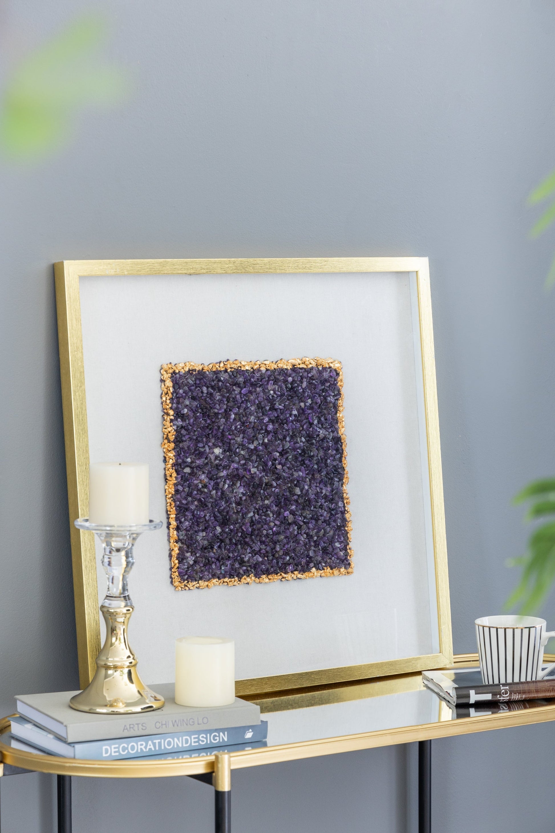 The Lillian Améthyste Shadow Box Duo wall art with a gold frame and purple amethyst panel on Tampa Home & Garden Store