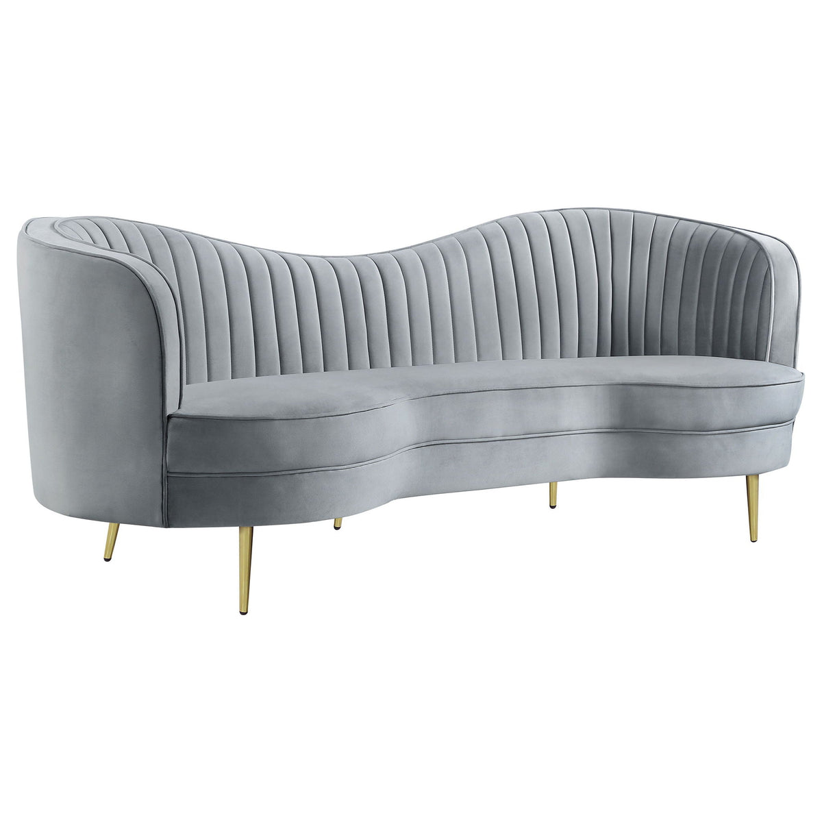 Reigha gray upholstered sofa with channel-tufted back and curved arms HouseOfZazla on Tampa Home & Garden Store