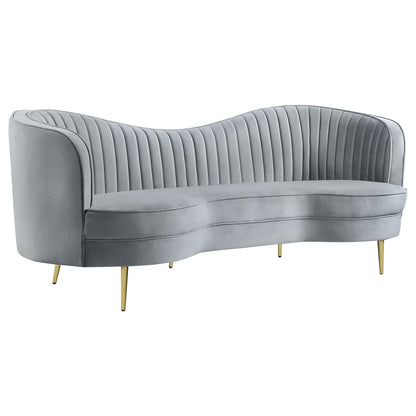 Reigha gray upholstered sofa with channel-tufted back and curved arms HouseOfZazla on Tampa Home & Garden Store