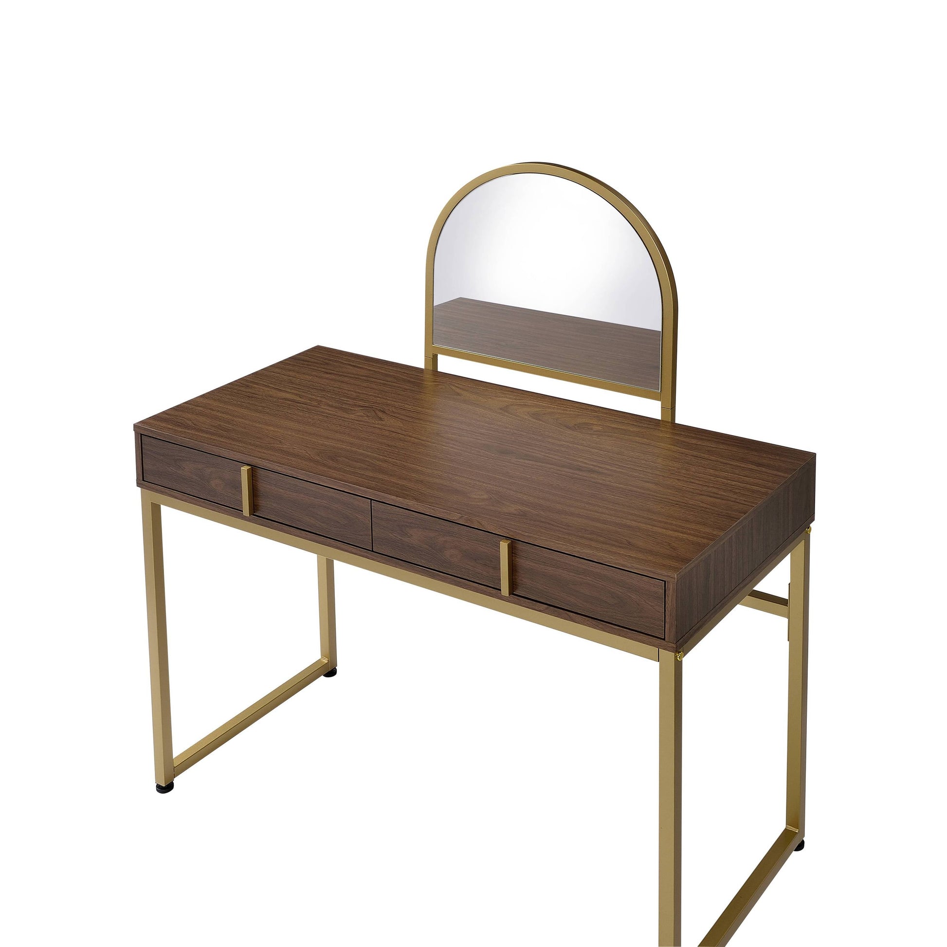 Coleen Walnut & Gold Finish Vanity Desk with Mirror & Jewelry Tray, arch mirror and walnut top on Tampa Home & Garden Store