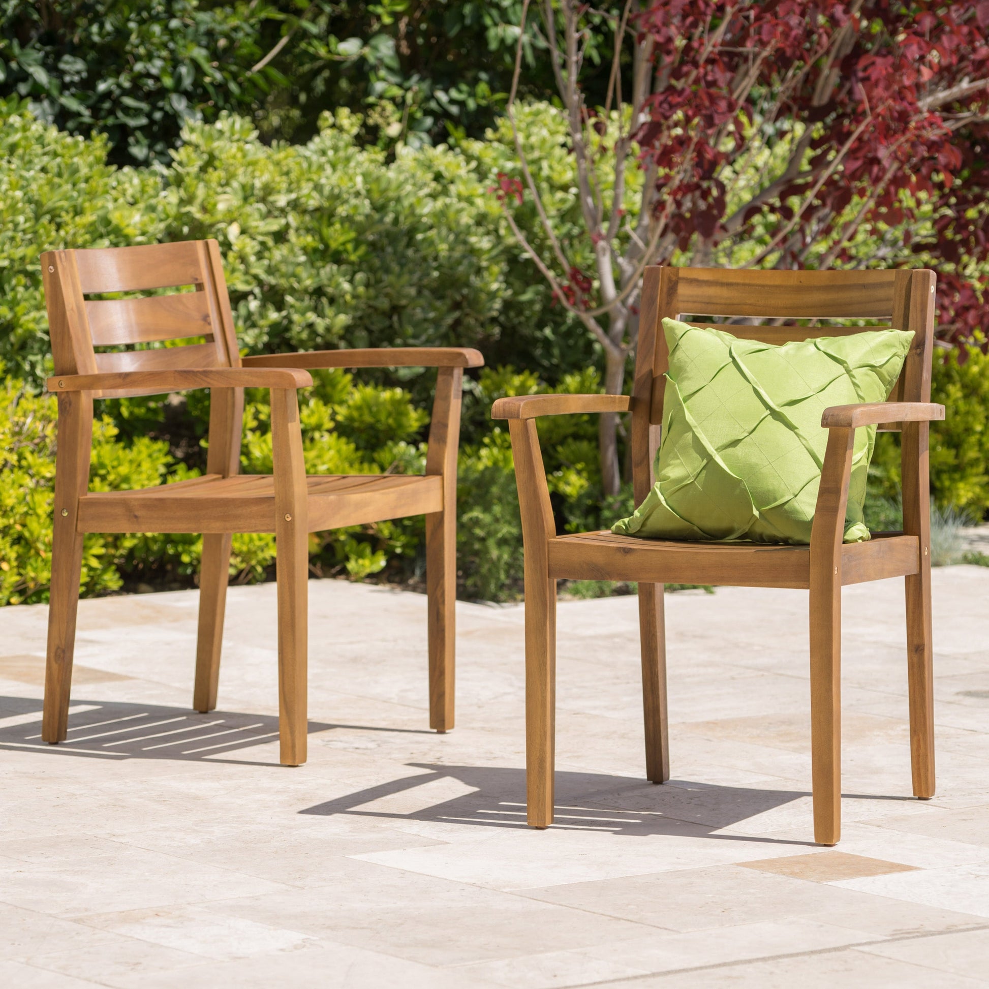 Stamford Dining Chairs set of 2, acacia wood outdoor armchairs with lime-green cushions on Tampa Home & Garden Store