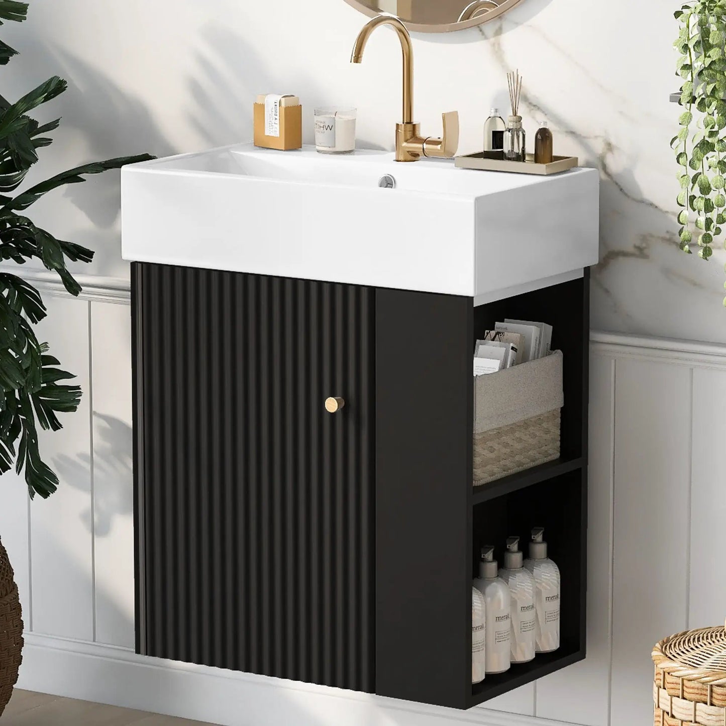 Compact Modern Floating Vanity with Ceramic Basin