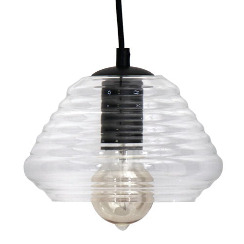 Triangle industrial pendant light with clear glass shade by HouseOfZazla with visible bulb on Tampa Home & Garden Store