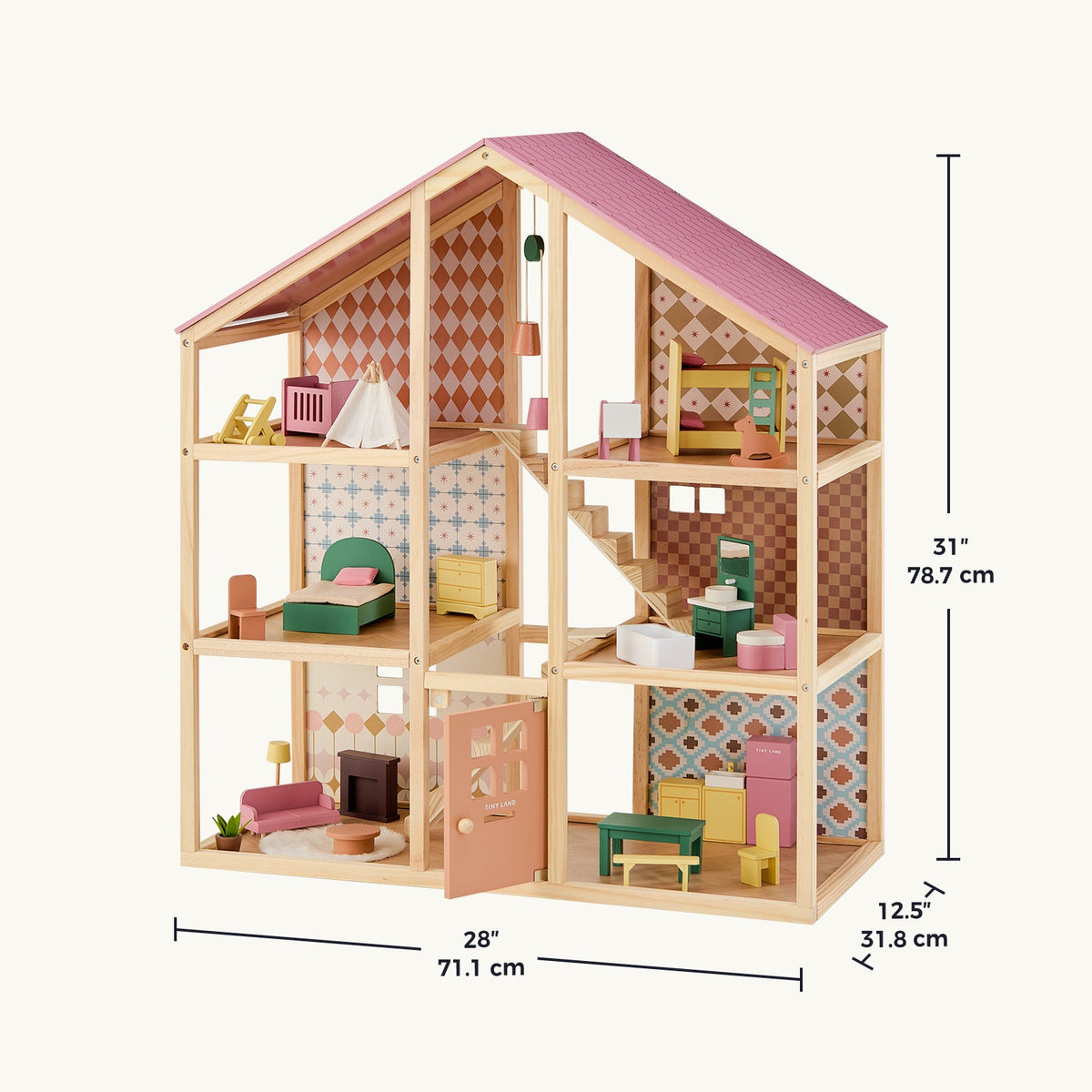 Tiny Land Sweetwood Dollhouse wooden dollhouse with pink roof and tiled walls without Dolls on Tampa Home & Garden Store