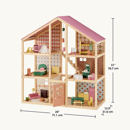Tiny Land Sweetwood Dollhouse wooden dollhouse with pink roof and tiled walls without Dolls on Tampa Home & Garden Store