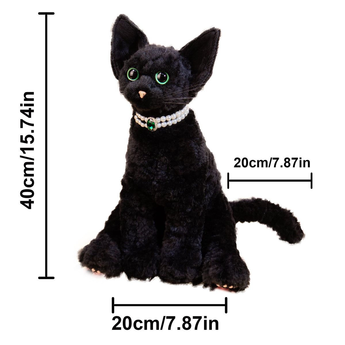 Devon Rex Cat Plush stuffed animal Chongker, black velvet fur, green eyes, pearl necklace on Tampa Home & Garden Store