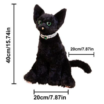 Devon Rex Cat Plush stuffed animal Chongker, black velvet fur, green eyes, pearl necklace on Tampa Home & Garden Store