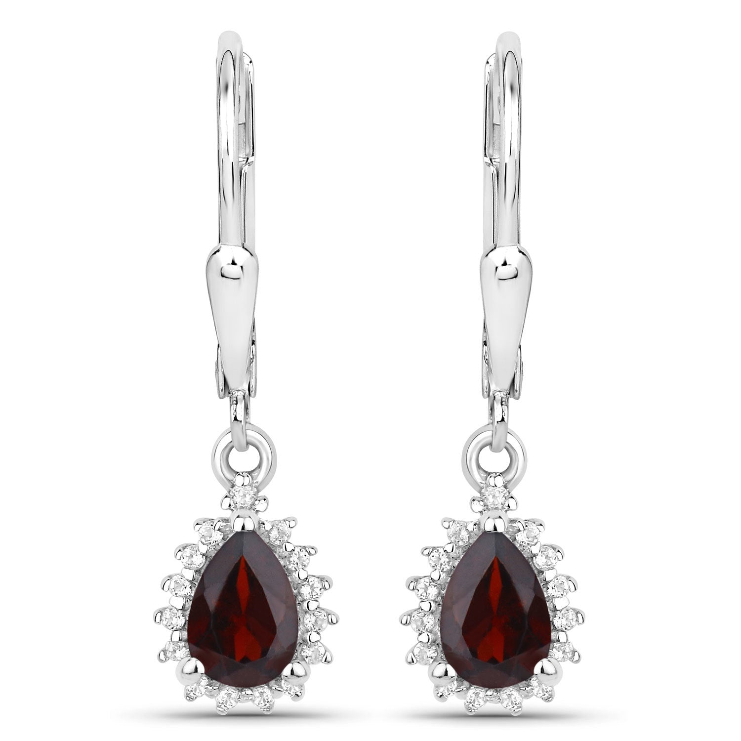 Sterling silver drop earrings featuring pear-shaped garnet surrounded by white topaz halo, pair on Tampa Home & Garden Store