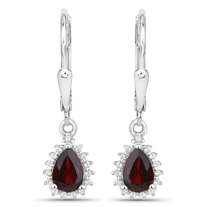 Sterling silver drop earrings featuring pear-shaped garnet surrounded by white topaz halo, pair on Tampa Home & Garden Store