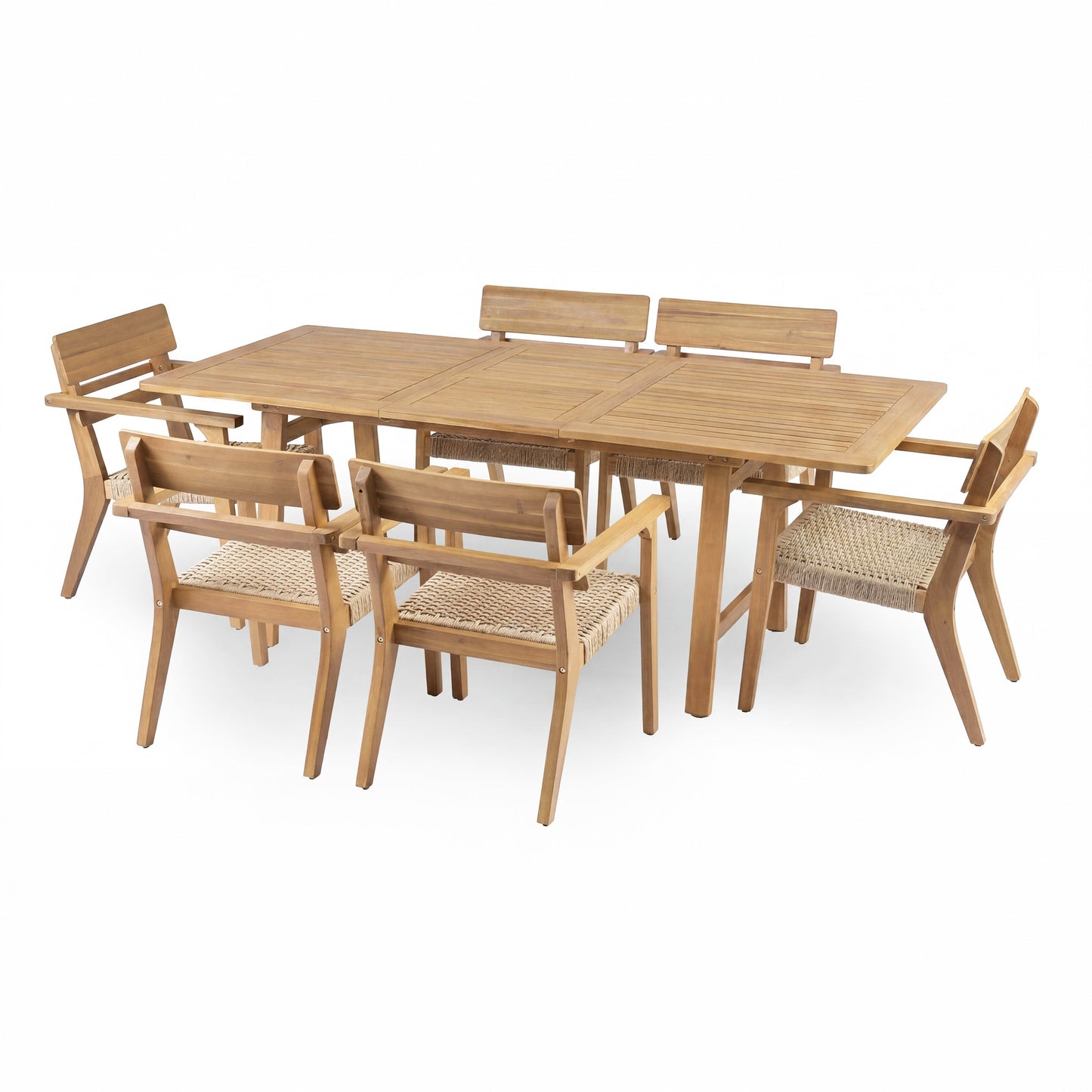 7-Piece Extendable Acacia Wood Outdoor Dining Set by HouseOfZazla with woven-seat chairs on Tampa Home & Garden Store