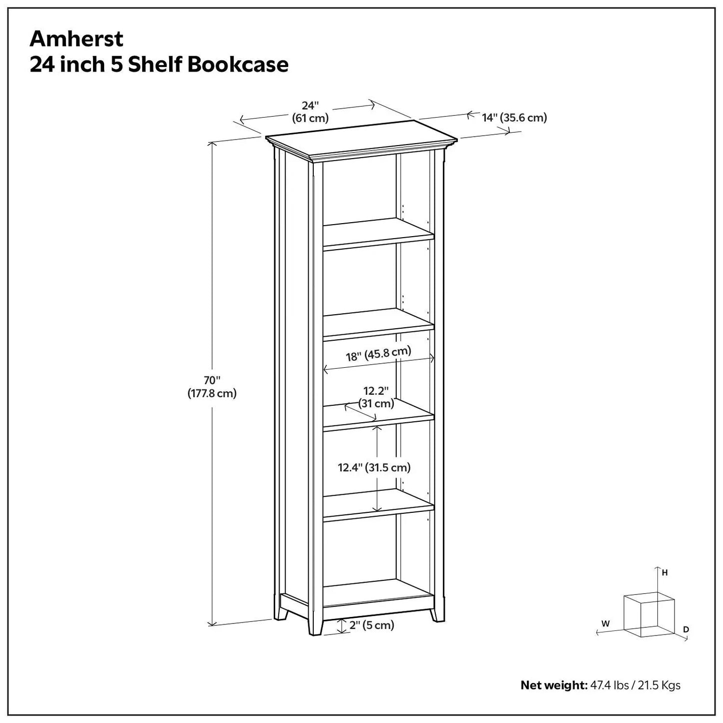 Amherst Five Shelf Bookcase Handcrafted Wood