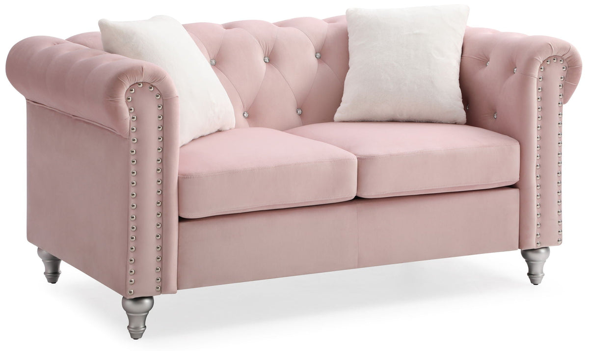 Stationary loveseat pink velvet with jeweled tufting and nailhead trim by HouseOfZazla on Tampa Home & Garden Store