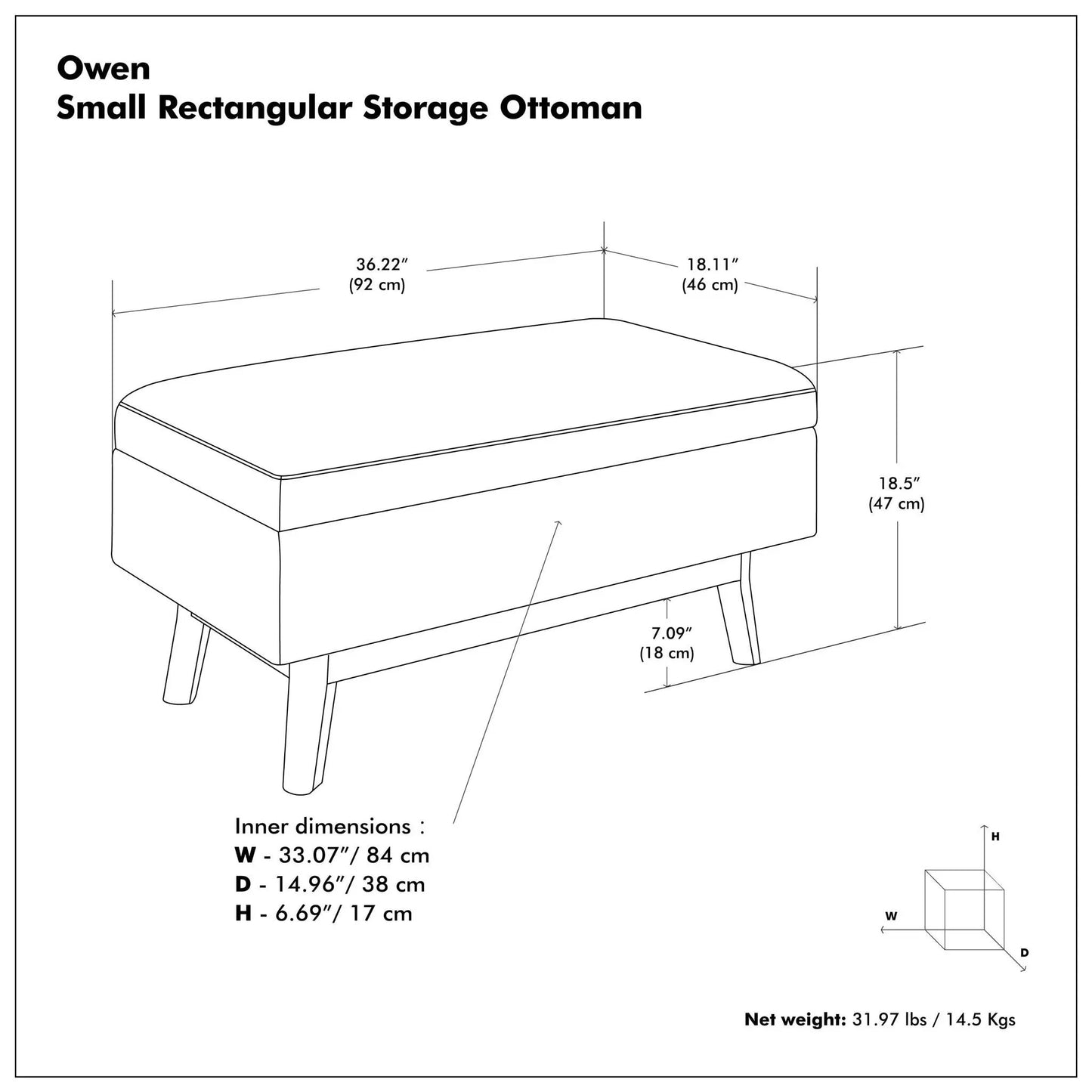 Owen upholstered rectangular storage ottoman by Unique Piece Furniture, dimensions schematic on Tampa Home & Garden Store