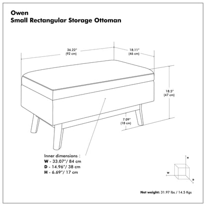 Owen upholstered rectangular storage ottoman by Unique Piece Furniture, dimensions schematic on Tampa Home & Garden Store