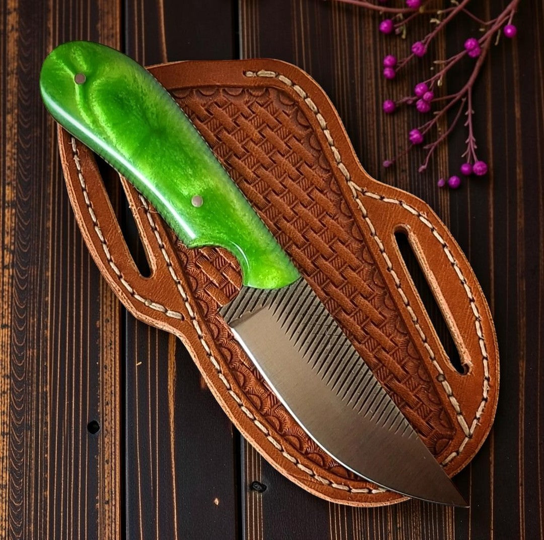 Knife Billy the Kid farrier rasp steel with green epoxy handle leather sheath on Tampa Home & Garden Store