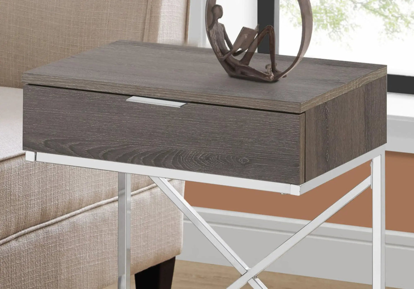 Taupe wood-grain accent side table with a storage drawer and chrome X-frame legs on Tampa Home & Garden Store