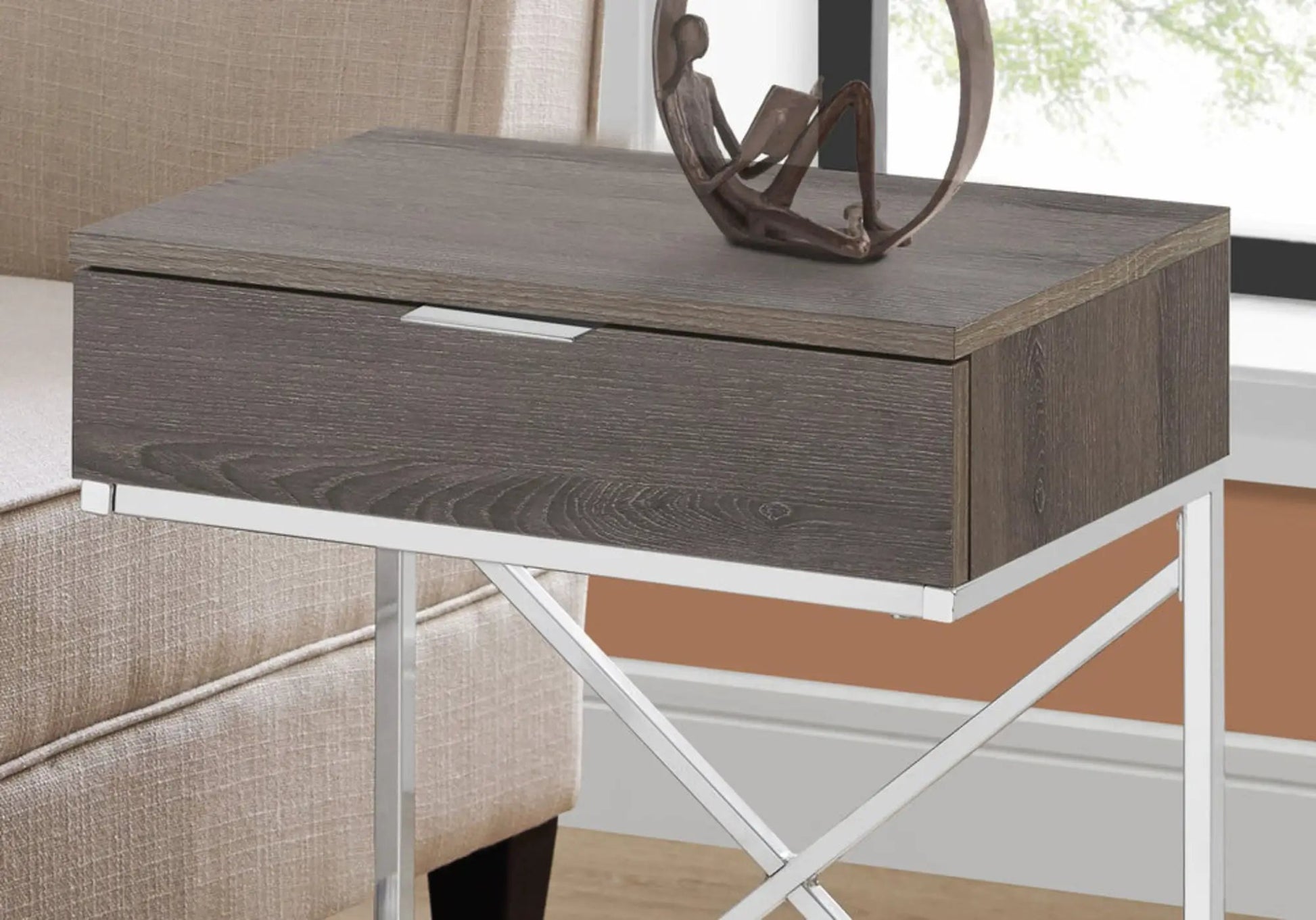 Taupe wood-grain accent side table with a storage drawer and chrome X-frame legs on Tampa Home & Garden Store