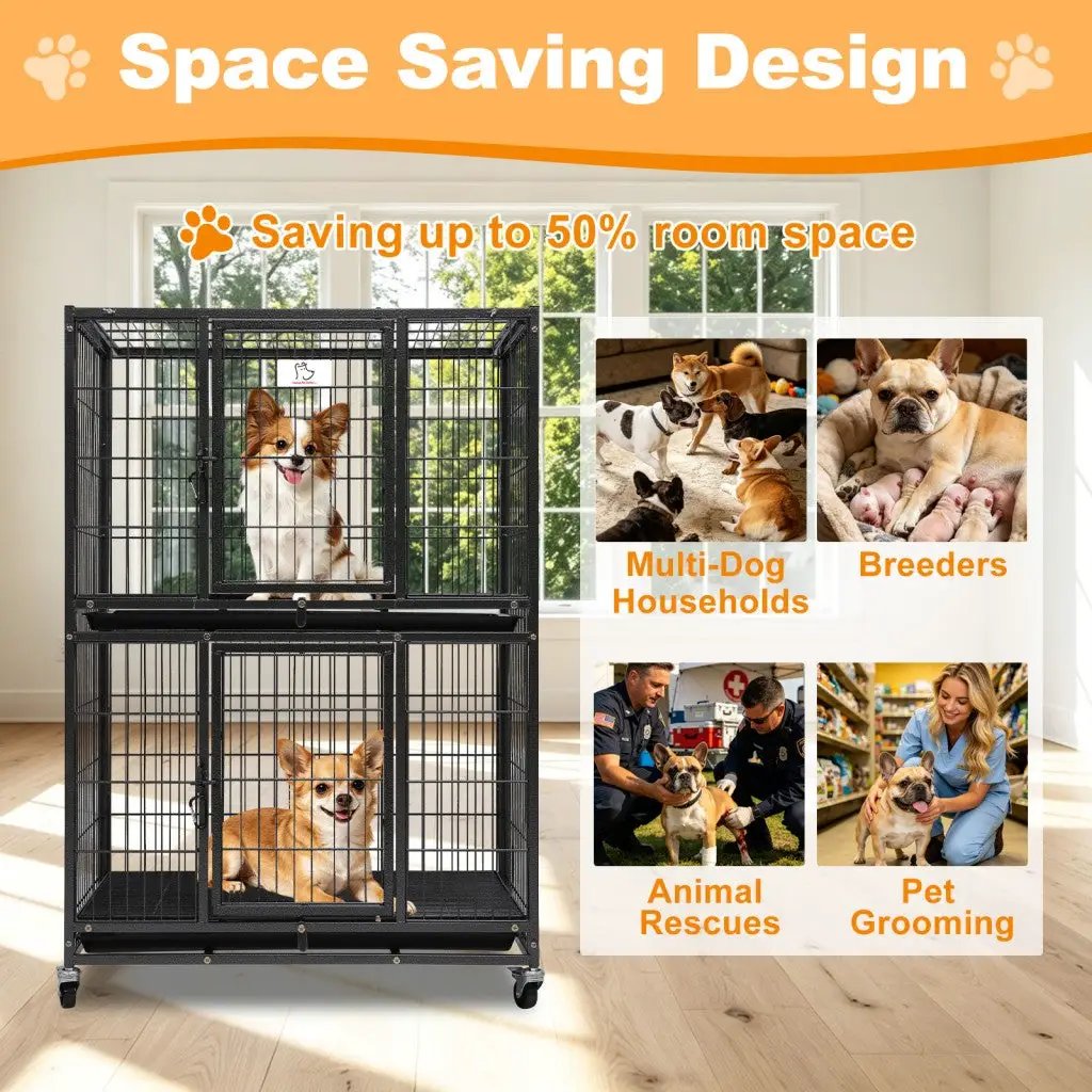 31-Inch Two-Tier Dog Crate with Auto Locks by Homey Pet Official, black metal on wheels on Tampa Home & Garden Store