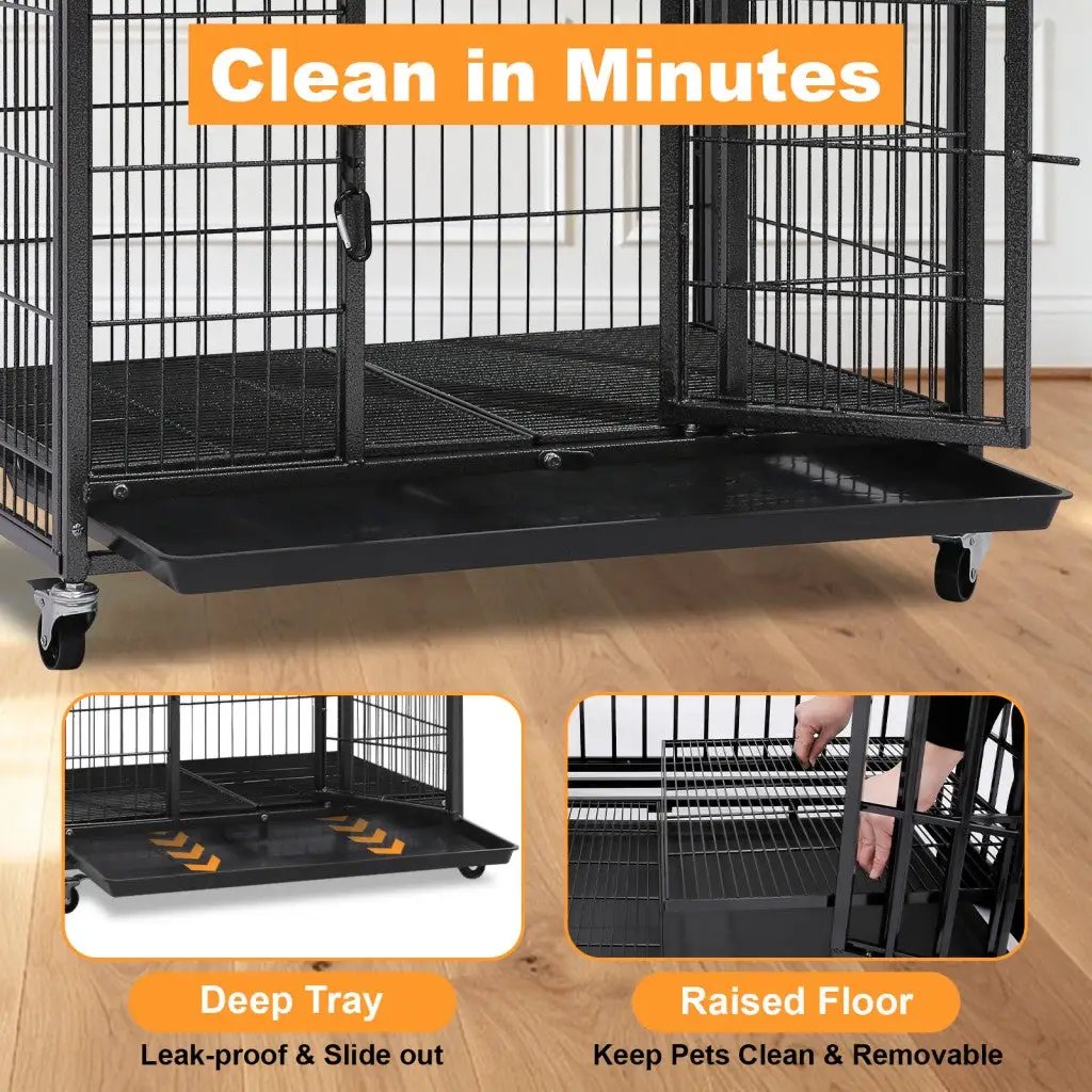 31 Inch Two-Tier Dog Crate with Auto Locks, black metal cage on wheels with deep tray on Tampa Home & Garden Store