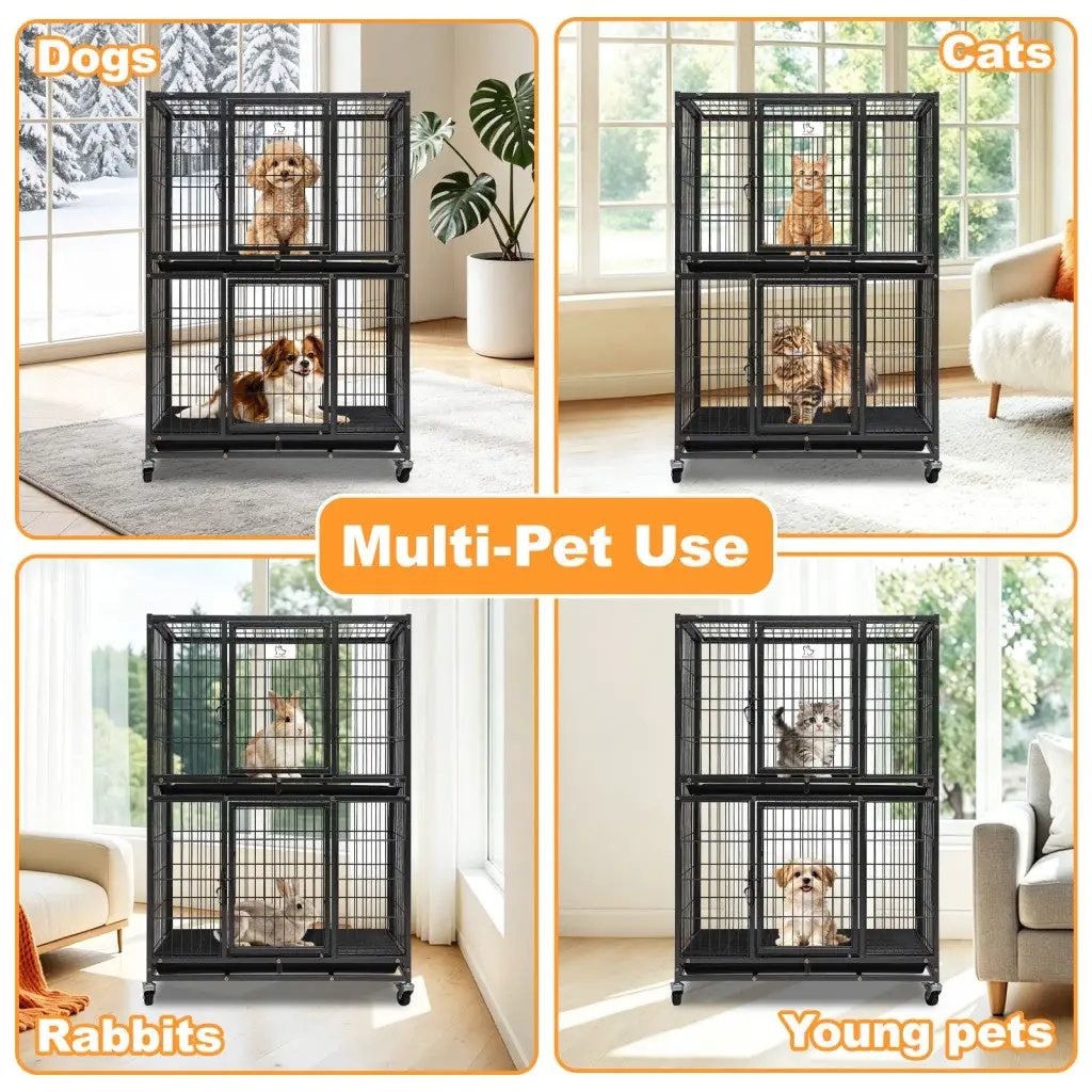 Homey Pet Official 31in 2-tier black metal dog crate with auto-locks on wheels for multi-pet use on Tampa Home & Garden Store