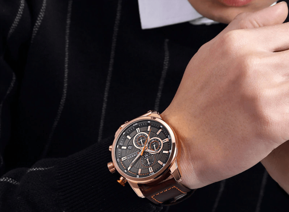 Stevvex men's waterproof sport watch with rose gold case, chronograph dial and leather strap on Tampa Home & Garden Store
