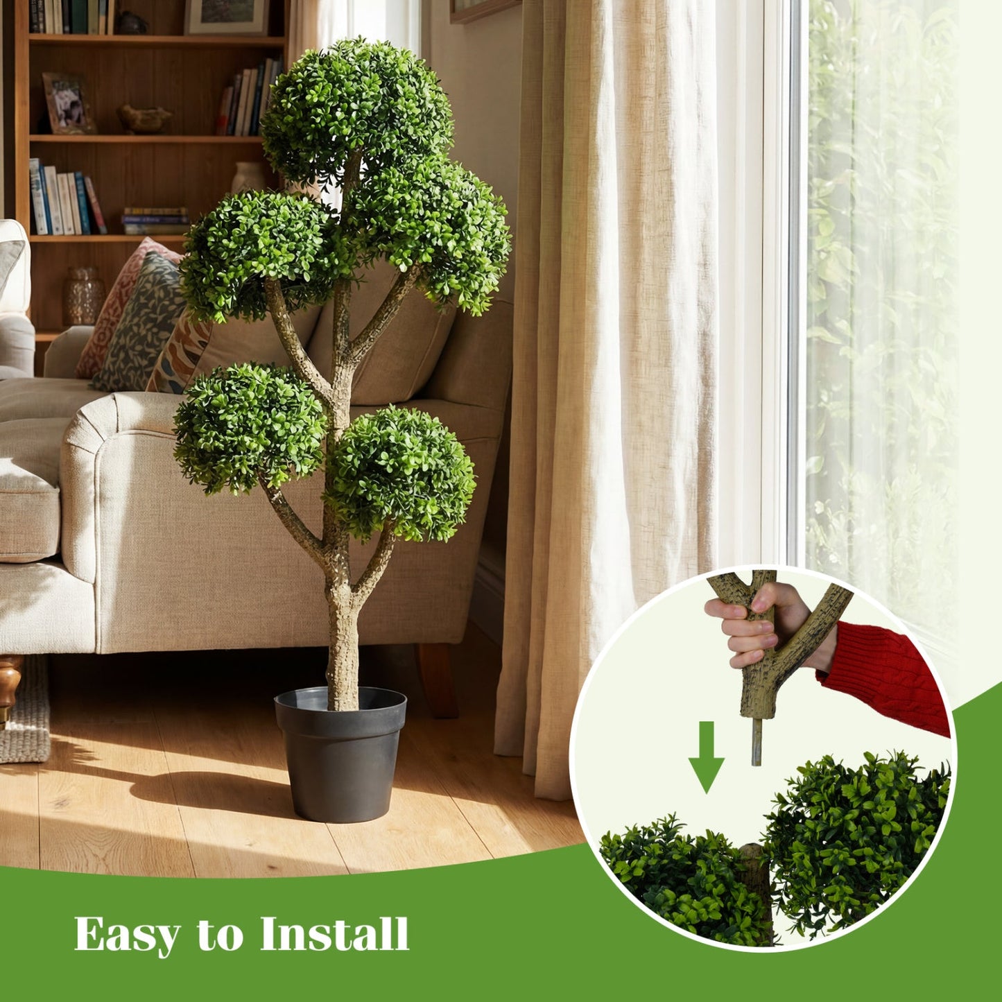 46-Inch DirectDeals artificial boxwood topiary tree with 5 ball foliage in a black pot on Tampa Home & Garden Store