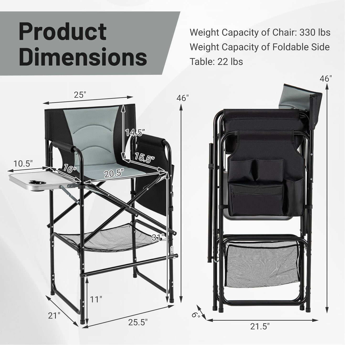 46 Inches Tall Directors Chair with Foldable Side Table and Footrest-Gray