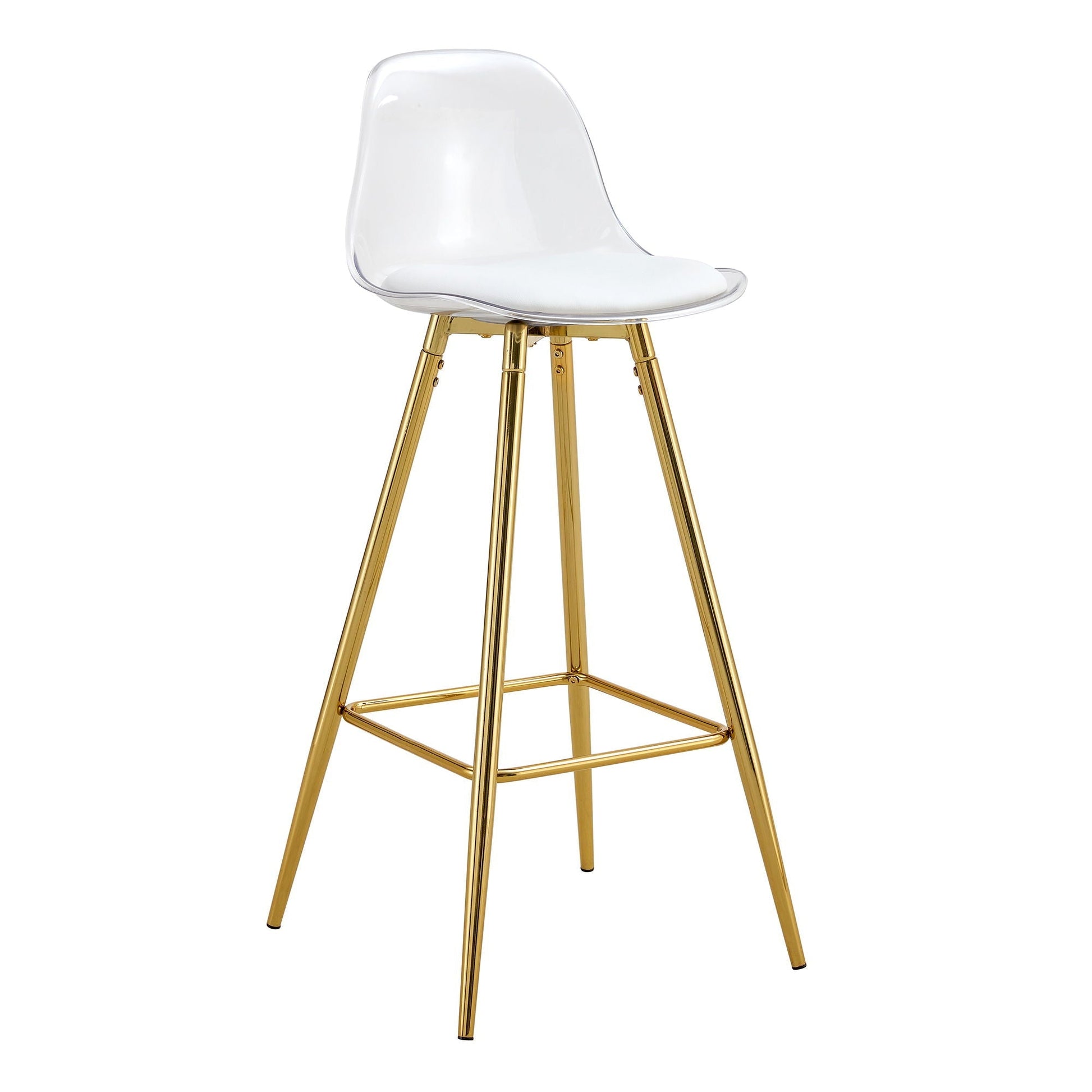 Clear acrylic upholstered bar chair with white cushioned seat and gold metal legs on Tampa Home & Garden Store