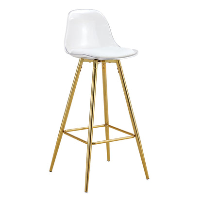 Clear acrylic upholstered bar chair with white cushioned seat and gold metal legs on Tampa Home & Garden Store