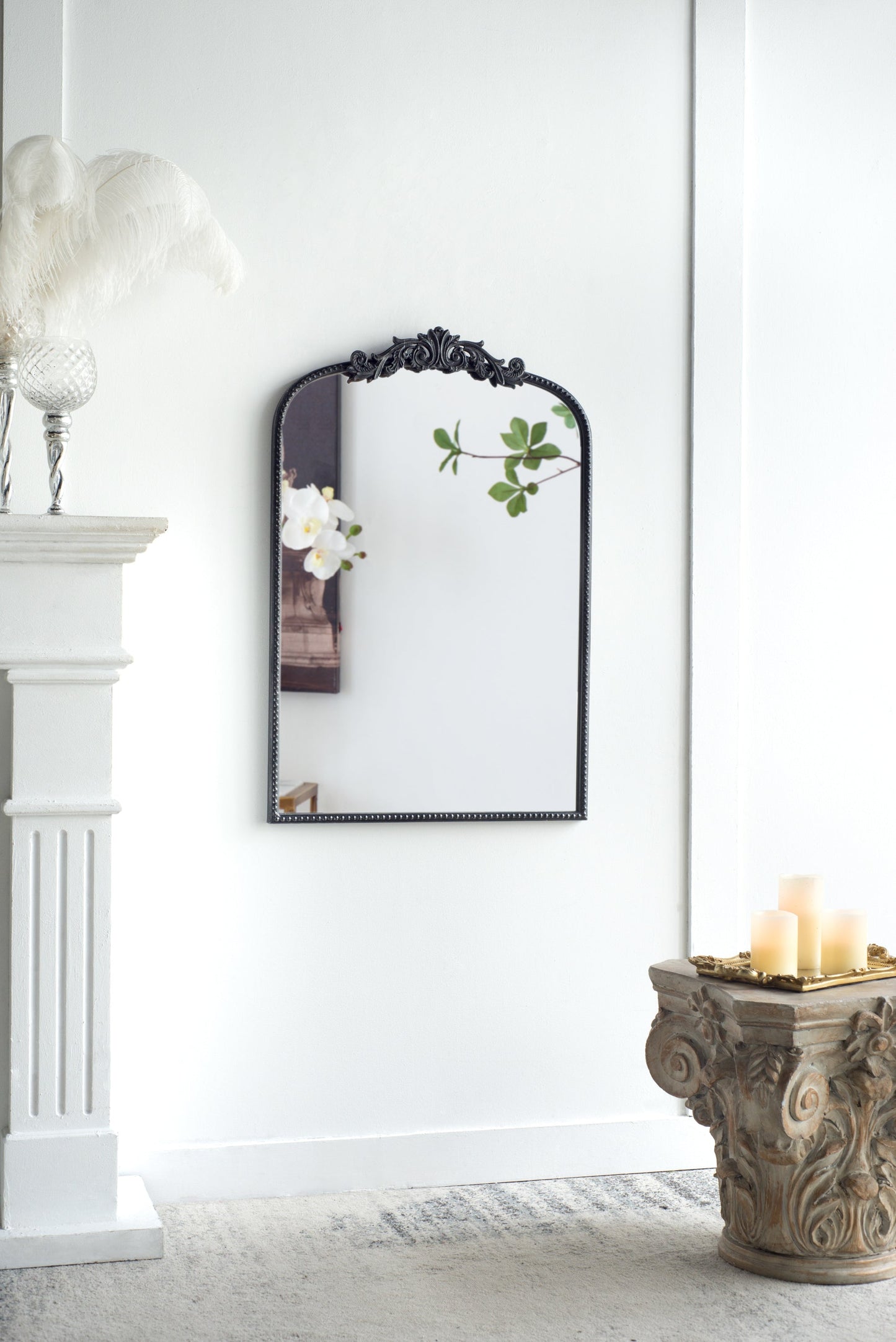 The Baroque Ébonisé Grand Wall Mirror by HouseOfZazla, black ornate frame with beaded edge on Tampa Home & Garden Store