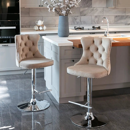 Set of 2 tufted beige swivel bar stools with backs, adjustable height 25–33 in, chrome pedestal bases, nailhead trim on Tampa Home & Garden Store