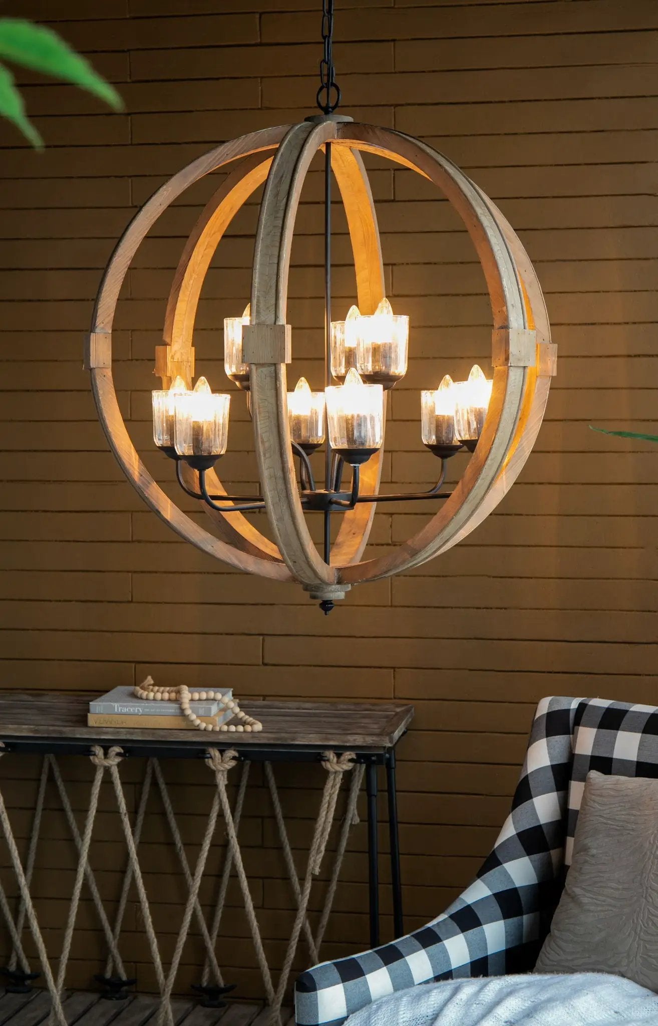 Chandelier with circular wooden ring frame and glass candle bulbs, adjustable chain on Tampa Home & Garden Store