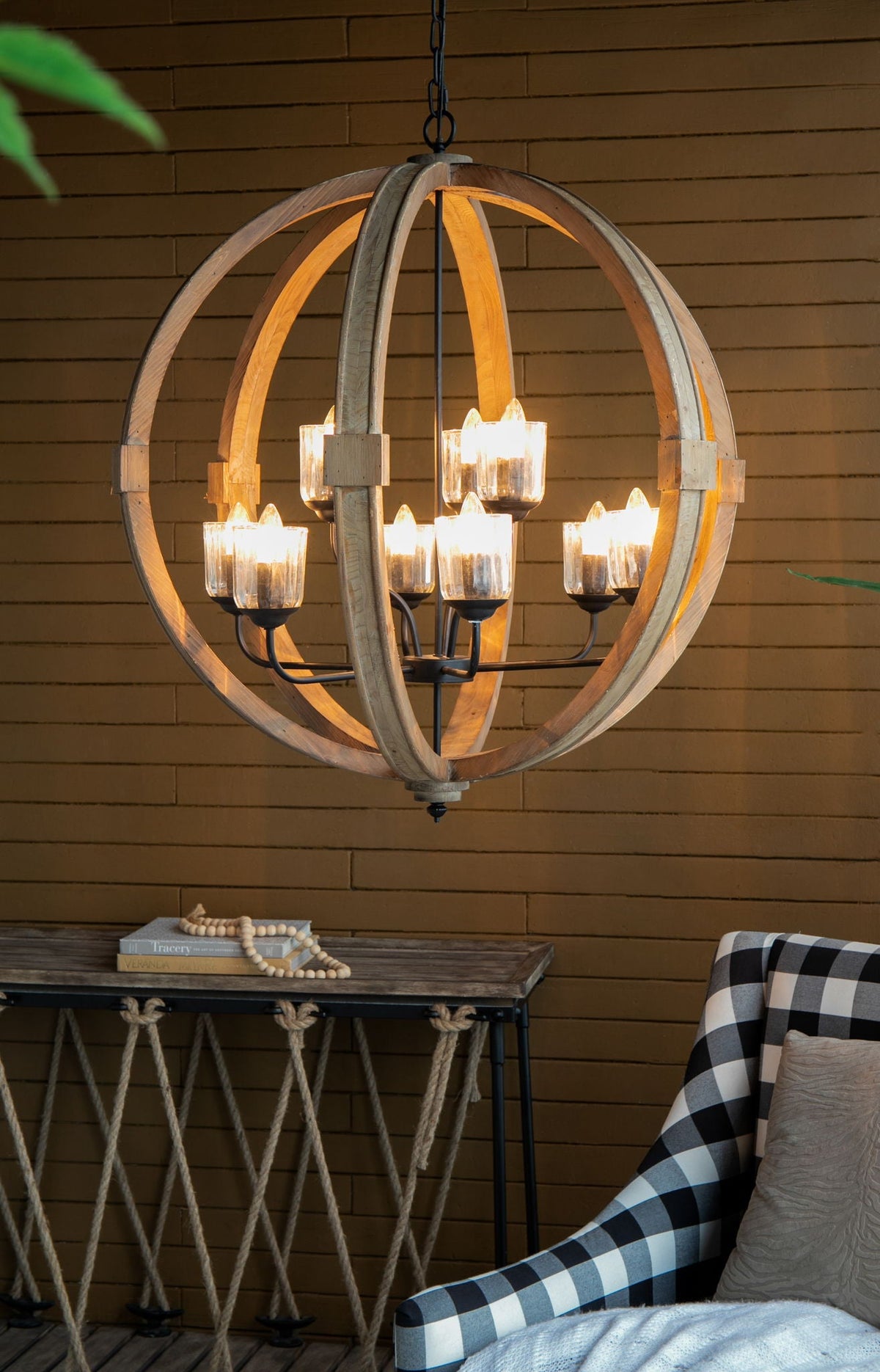 Chandelier hanging light fixture with adjustable chain, wooden ring and glass candle cups on Tampa Home & Garden Store
