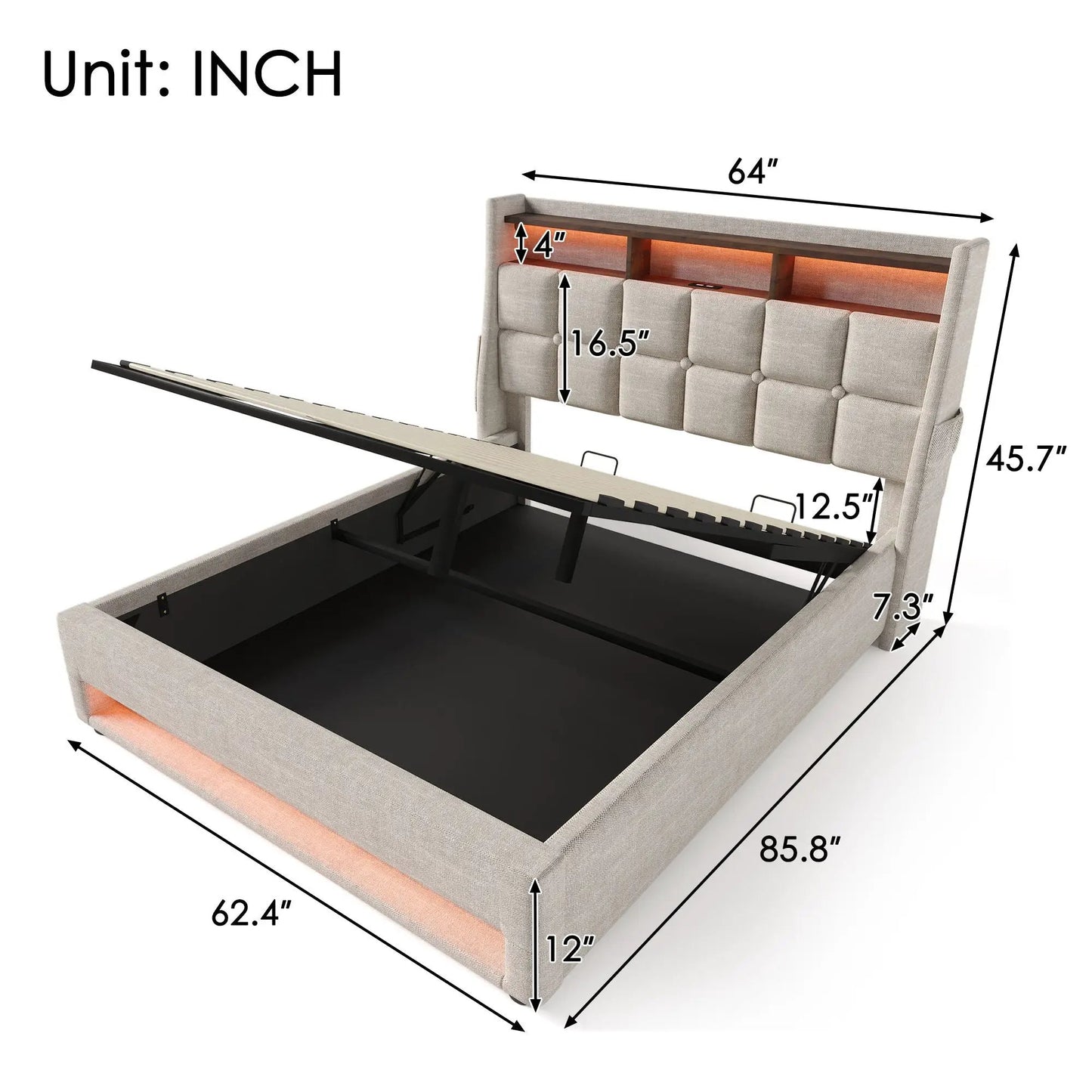 Upholstered Platform Bed With Storage USB LED