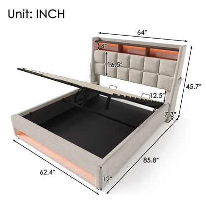 Upholstered Platform Bed With Storage USB LED