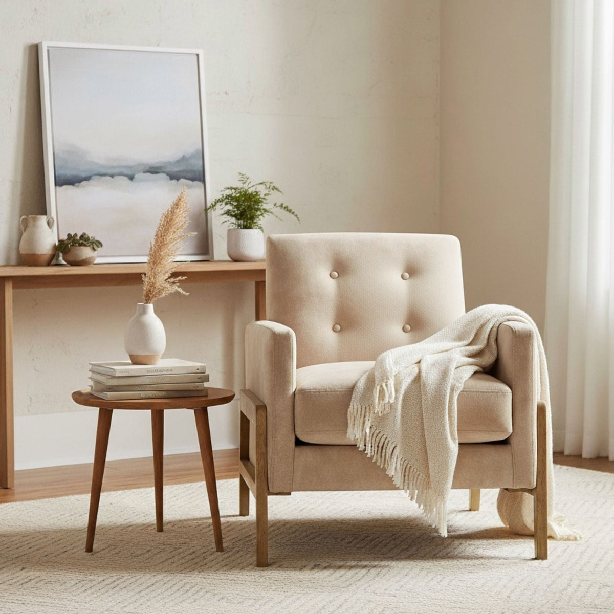 HouseOfZazla tufted back accent arm chair in light beige upholstery with wooden legs on Tampa Home & Garden Store