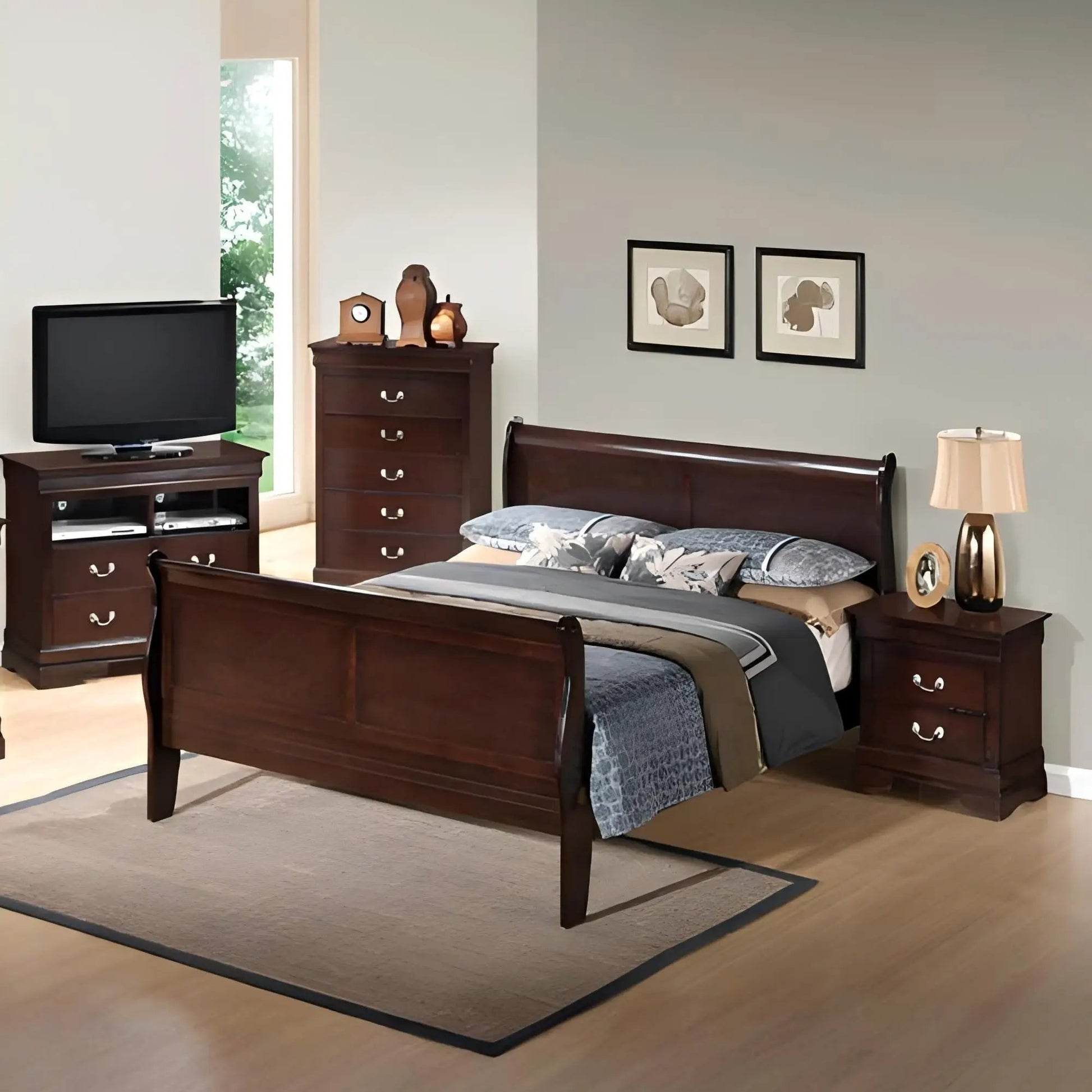Louis Phillipe Panel Sleigh Bed dark wood by Unique Piece Furniture with matching dressers and art on Tampa Home & Garden Store