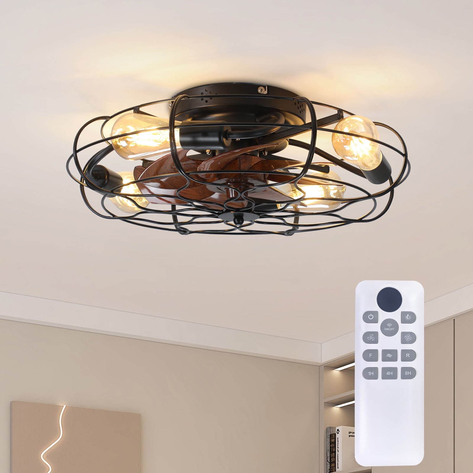 19.7-inch Industrial Caged Ceiling Fan with Light black metal cage, wood blades and remote on Tampa Home & Garden Store