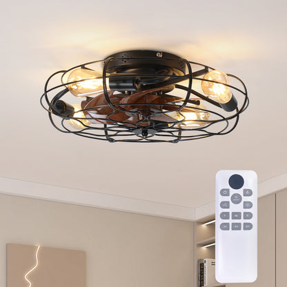19.7-inch Industrial Caged Ceiling Fan with Light black metal cage, wood blades and remote on Tampa Home & Garden Store