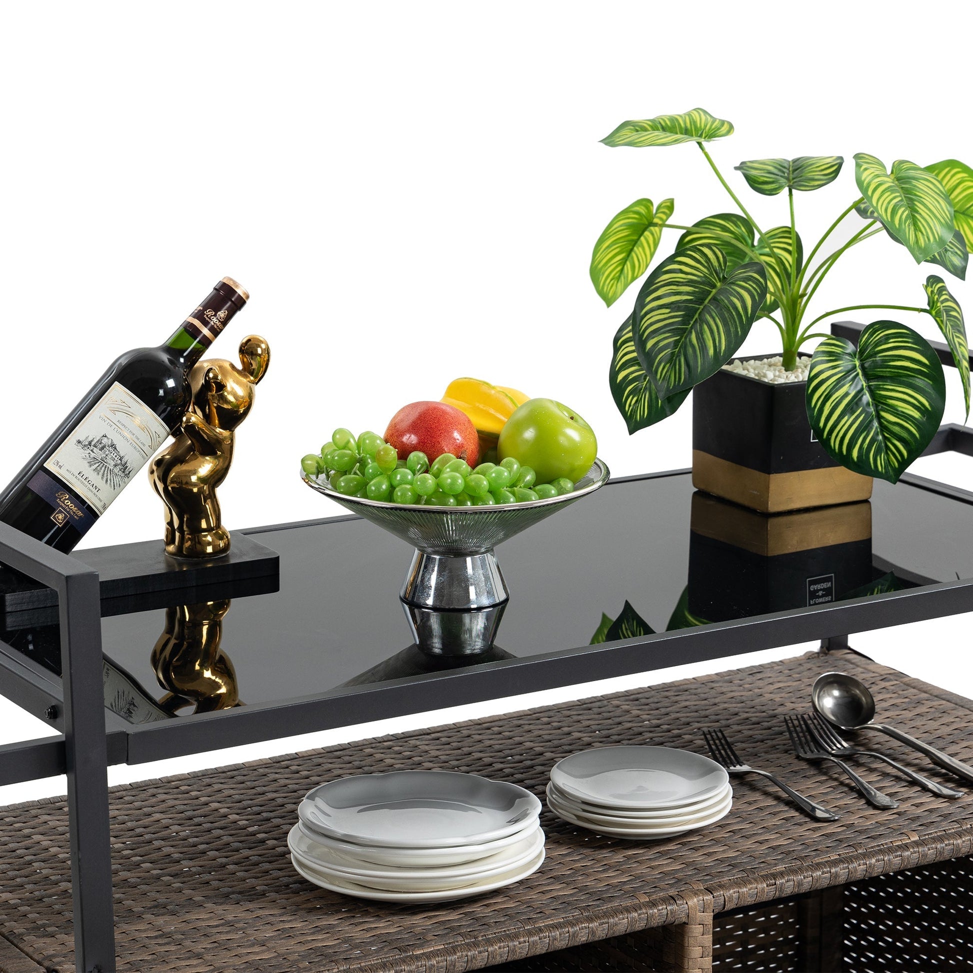 Outdoor Wicker Bar Cart with GlassTop and Wheels by HouseOfZazla; frame, wicker shelves, wine on Tampa Home & Garden Store